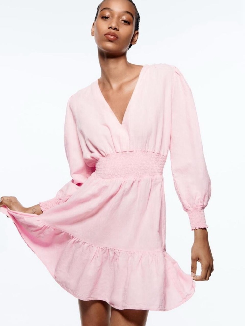 Zara Pale Pink Smocked Waist V‑Neck Long Sleeve Mini Dress